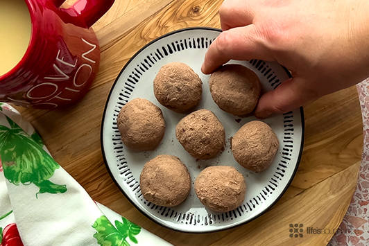 chocolate protein truffles with hand